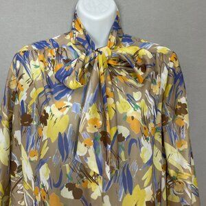 Vintage 1970s Secretary Blouse Tie Neck Bow Abstract Paint Splash Pattern‎ Retro